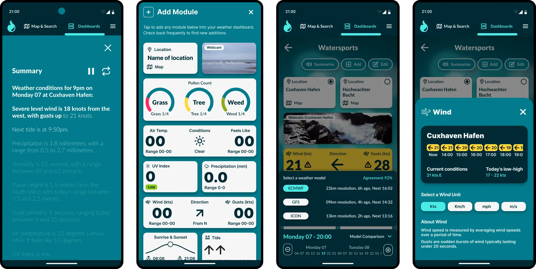 4 additional feature views of Weather Summary, Add Module, Weather Model Comparison and Wind Info Card. 