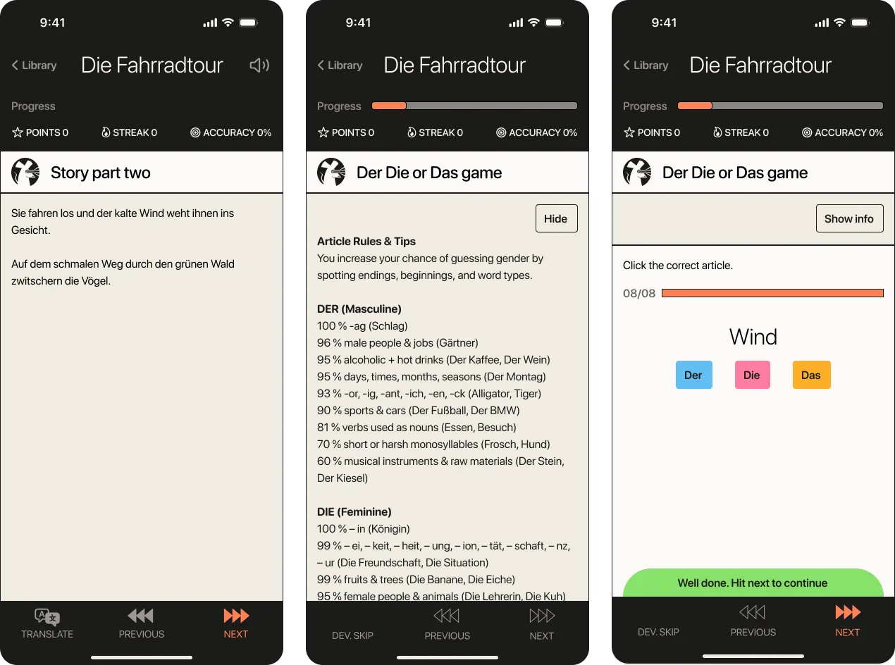 3 Laserrat screenshots showing a story flow from story to grammar rules to interactive game.