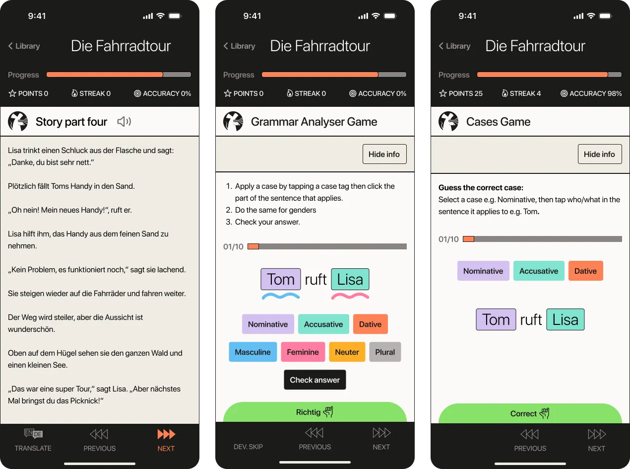 3 Laserrat screenshots showing changes like adding a read aloud button and a before and after view of game 4 showing a simpler, more intuitive layout.