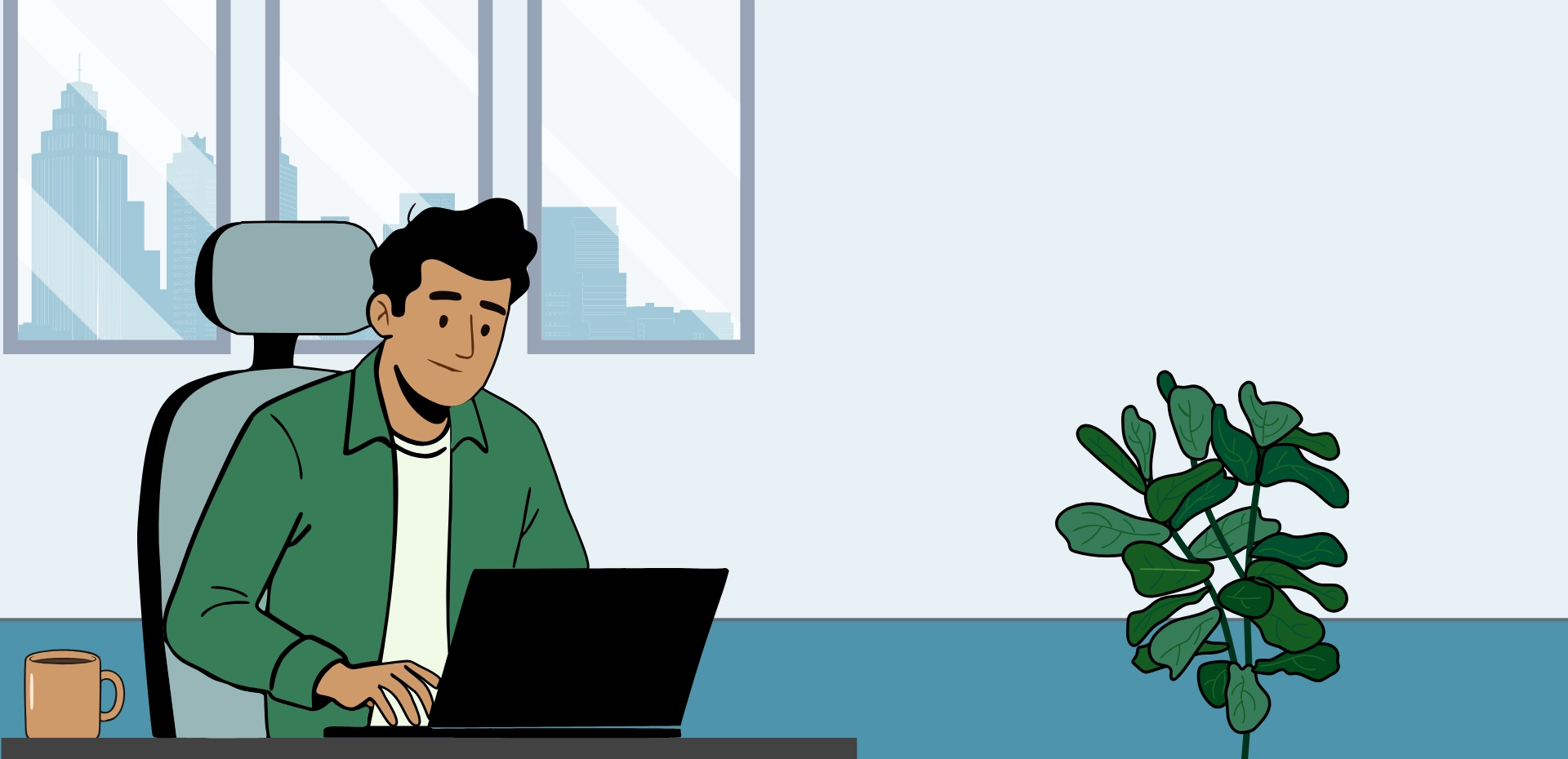 Hamza, a young male, sitting at his desk in a modern office lookingat his laptop screen with a contented look