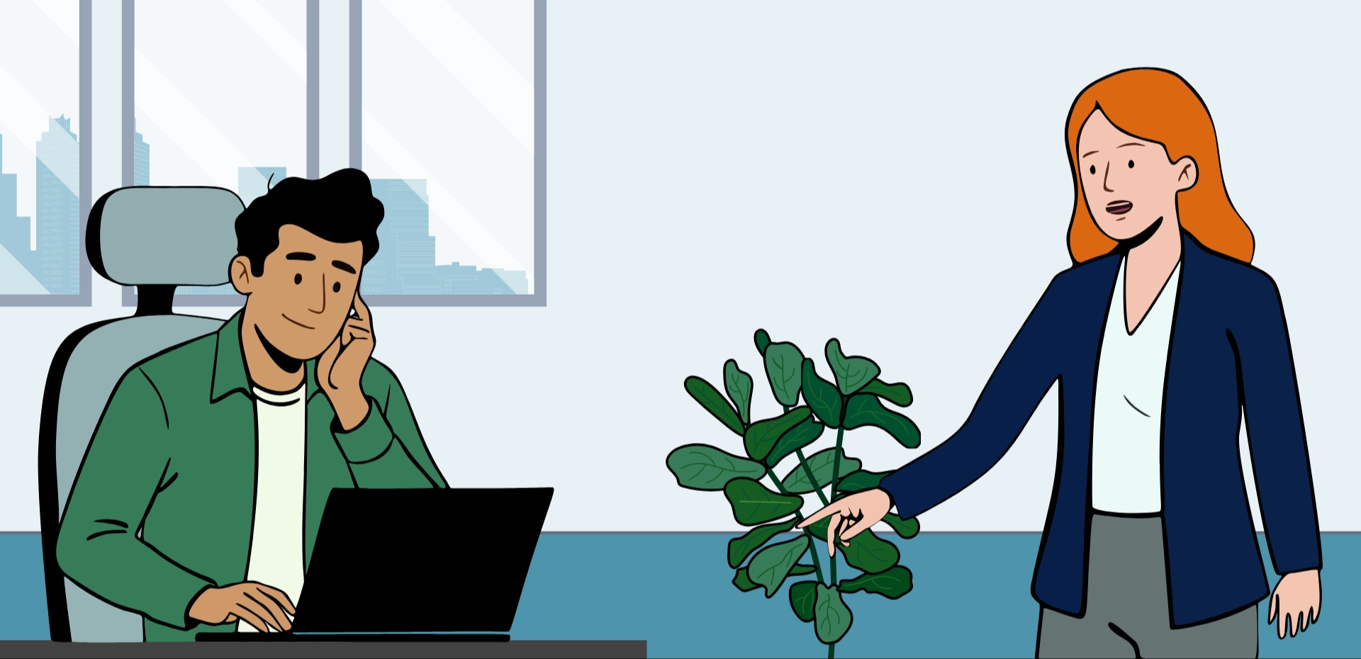 Julia is pointing towards Hamza's screen while Hamza looks at it with interest