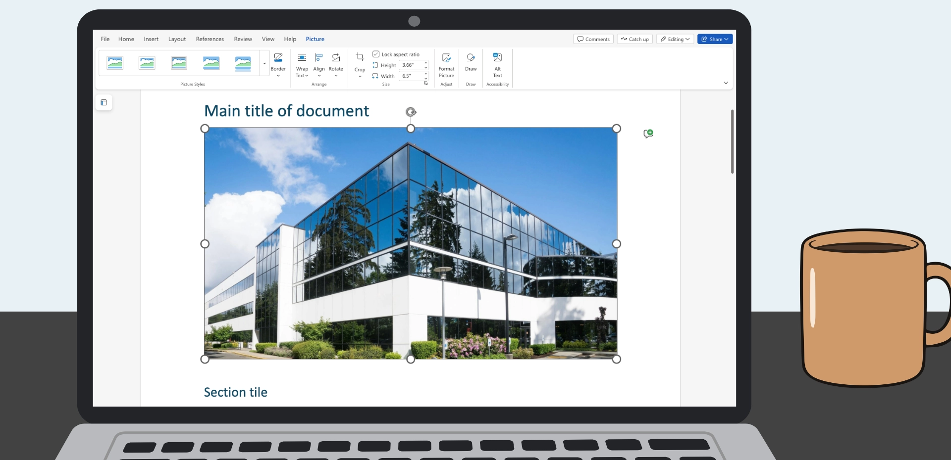 Hamza's laptop screen shows an open MS Word document featuring a selected image