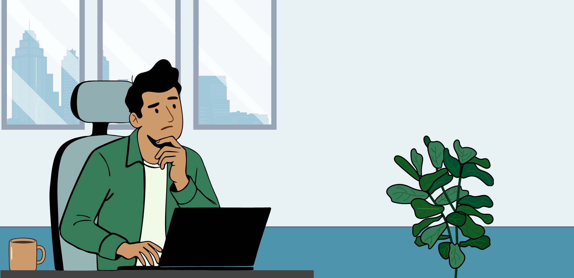 Hamza is turning away from his screen and looks thoughtful