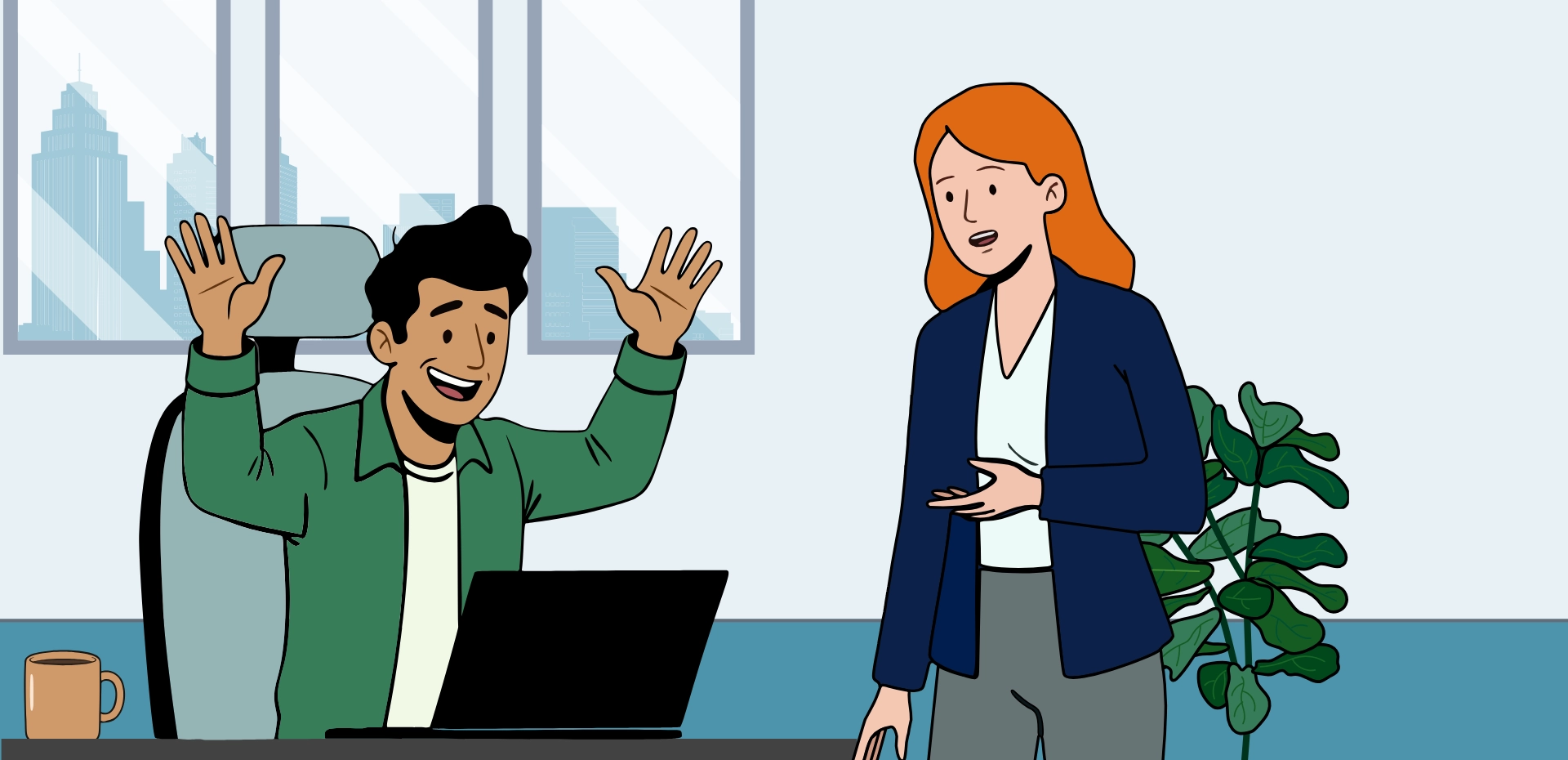 Hamza has his arms raised in joy and a big smile on his face. Julia is standing beside him.