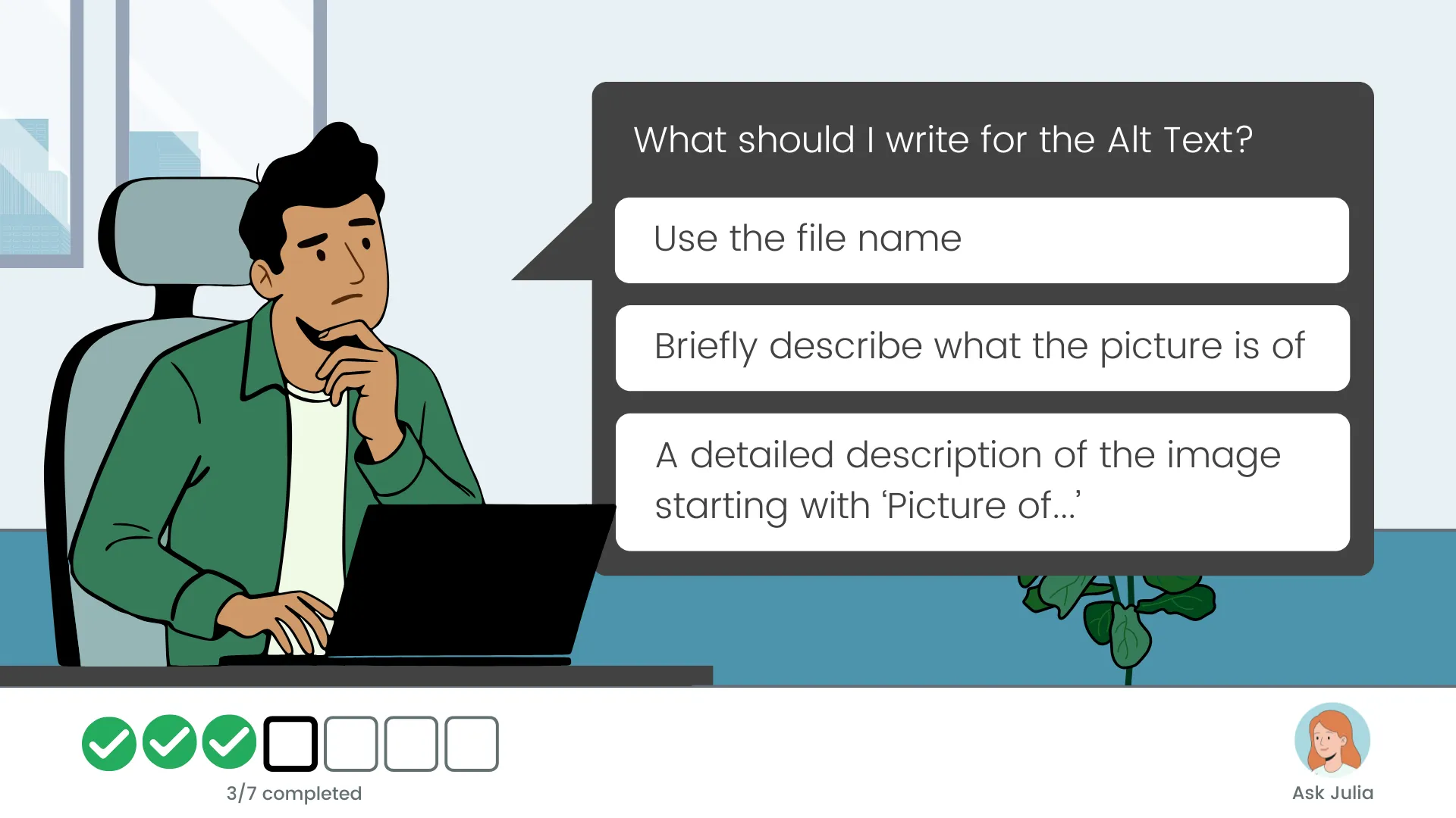 Hamza sitting at his desk with a laptop, thinking, with a speech bubble showing three options for writing alt text.