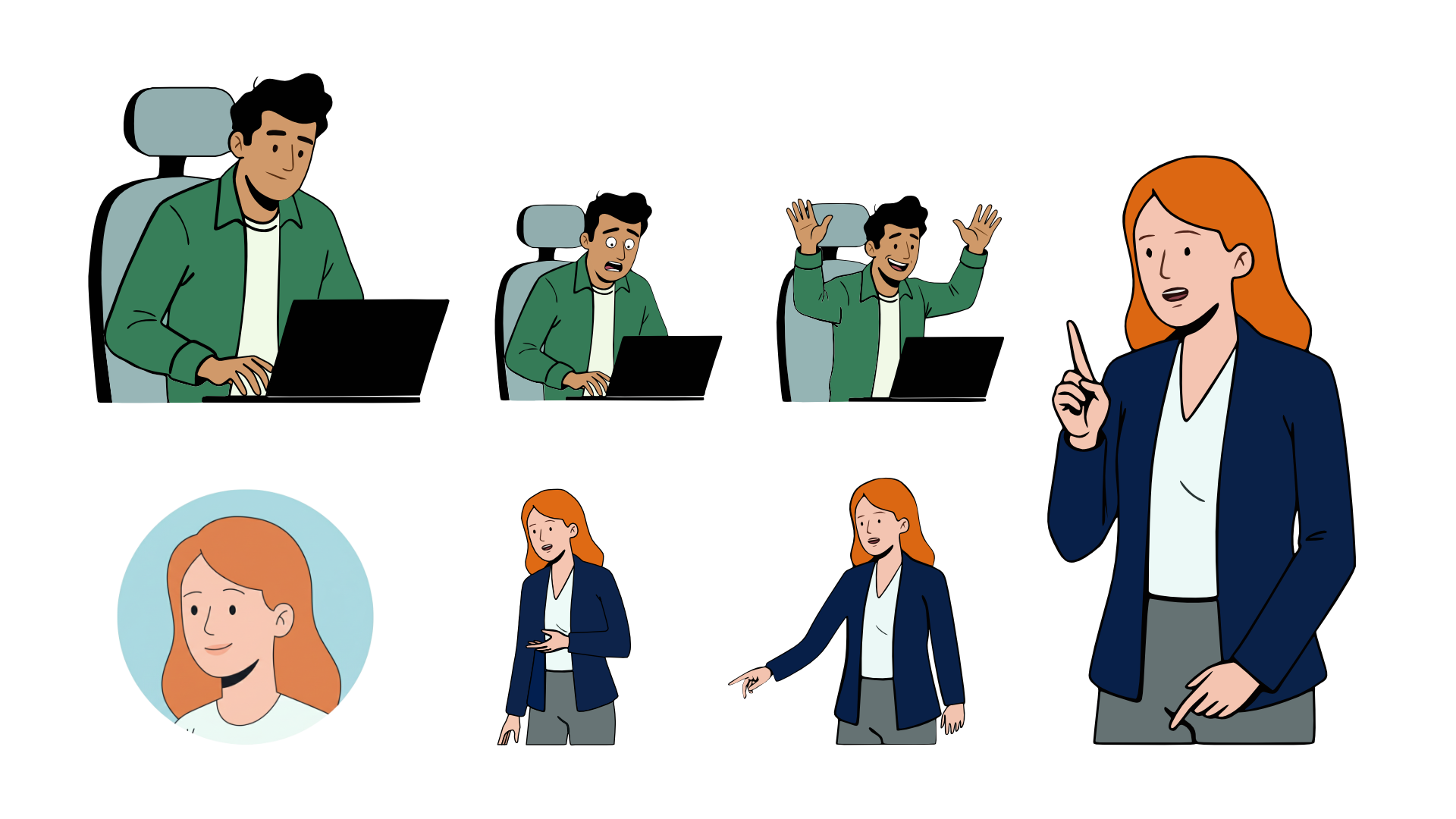 Illustrations of a Hamza using a laptop showing emotions of concentration, surprise, and excitement, and a Julia with red hair in various poses including pointing and explaining.