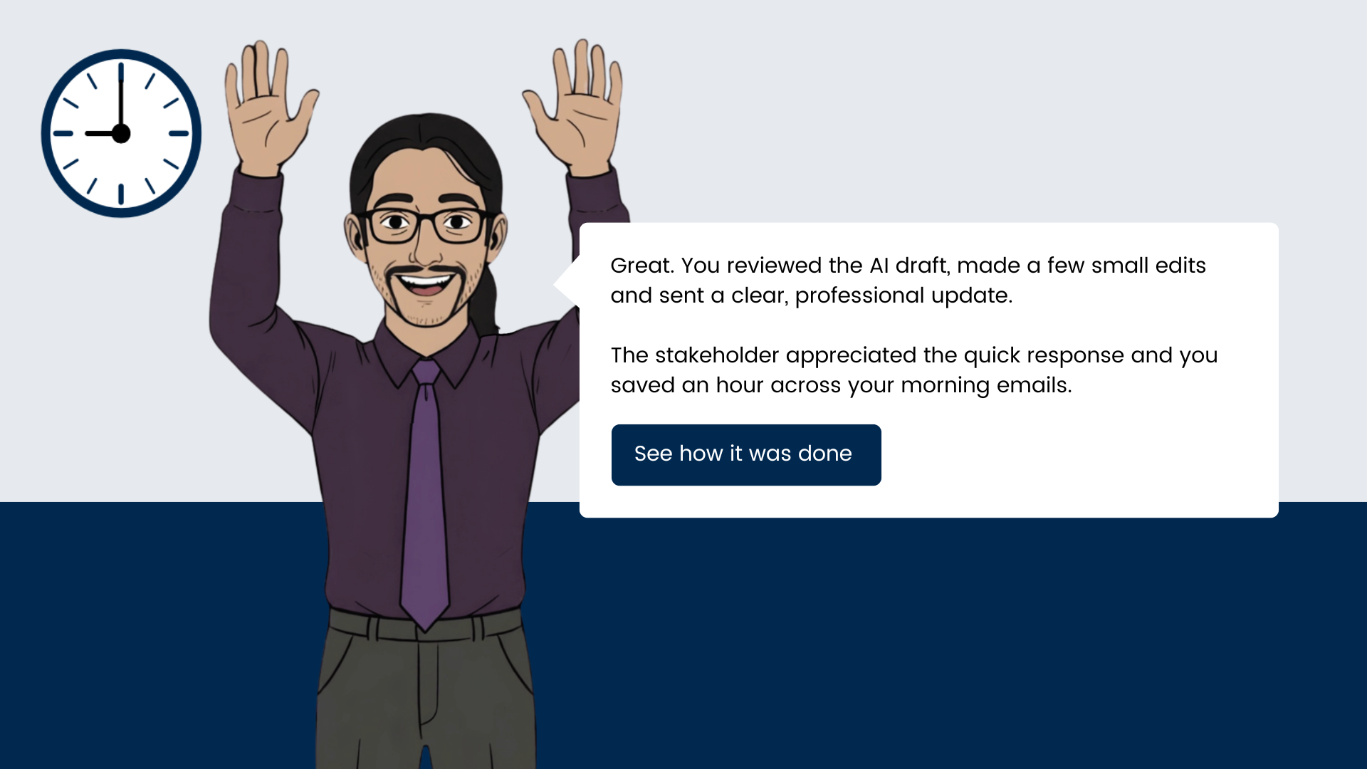 Dan character raising his hands in joy after your correct answer.