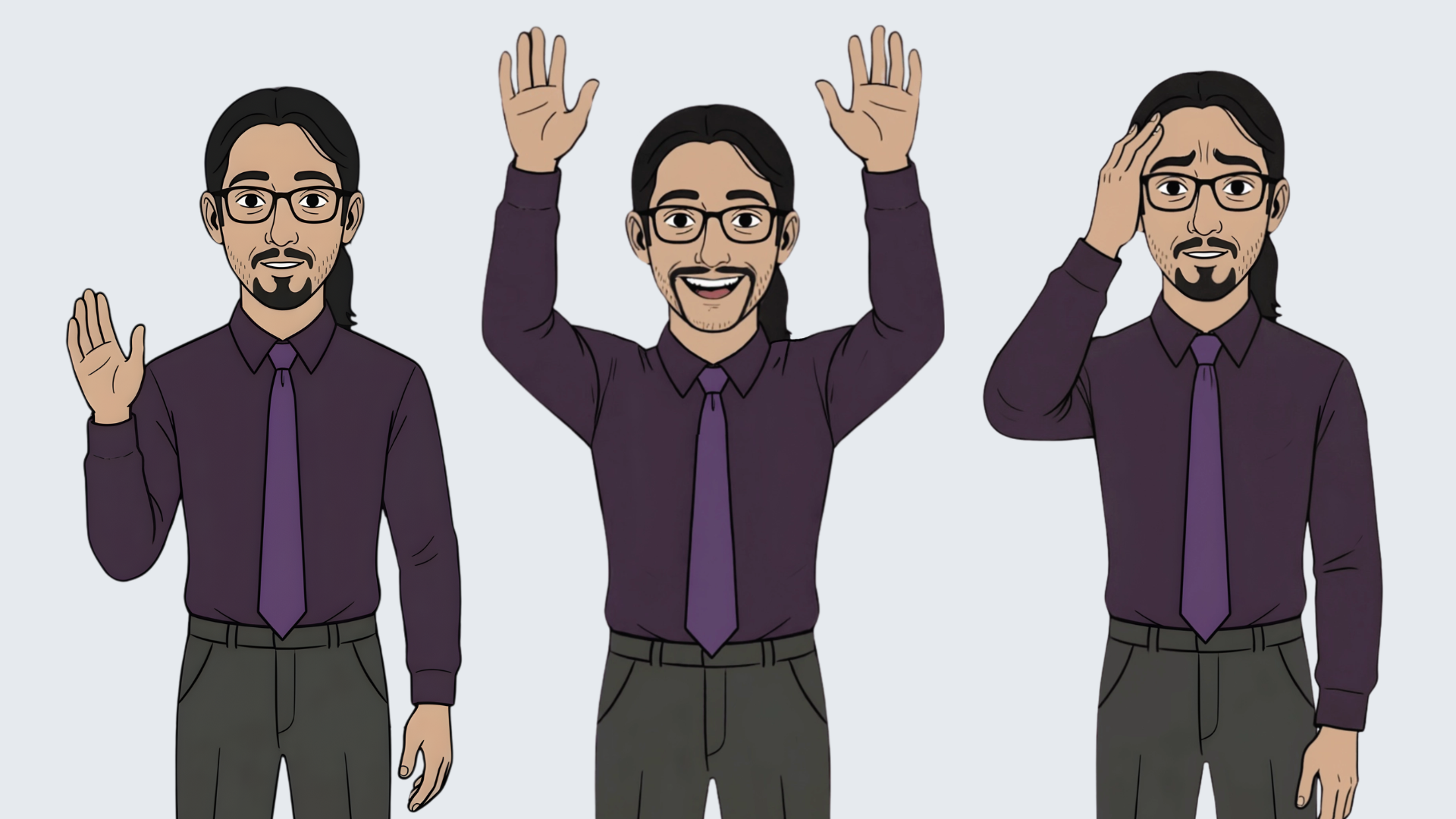 Illustrated Dan characters in different poses; neutral, happy and concerned. 