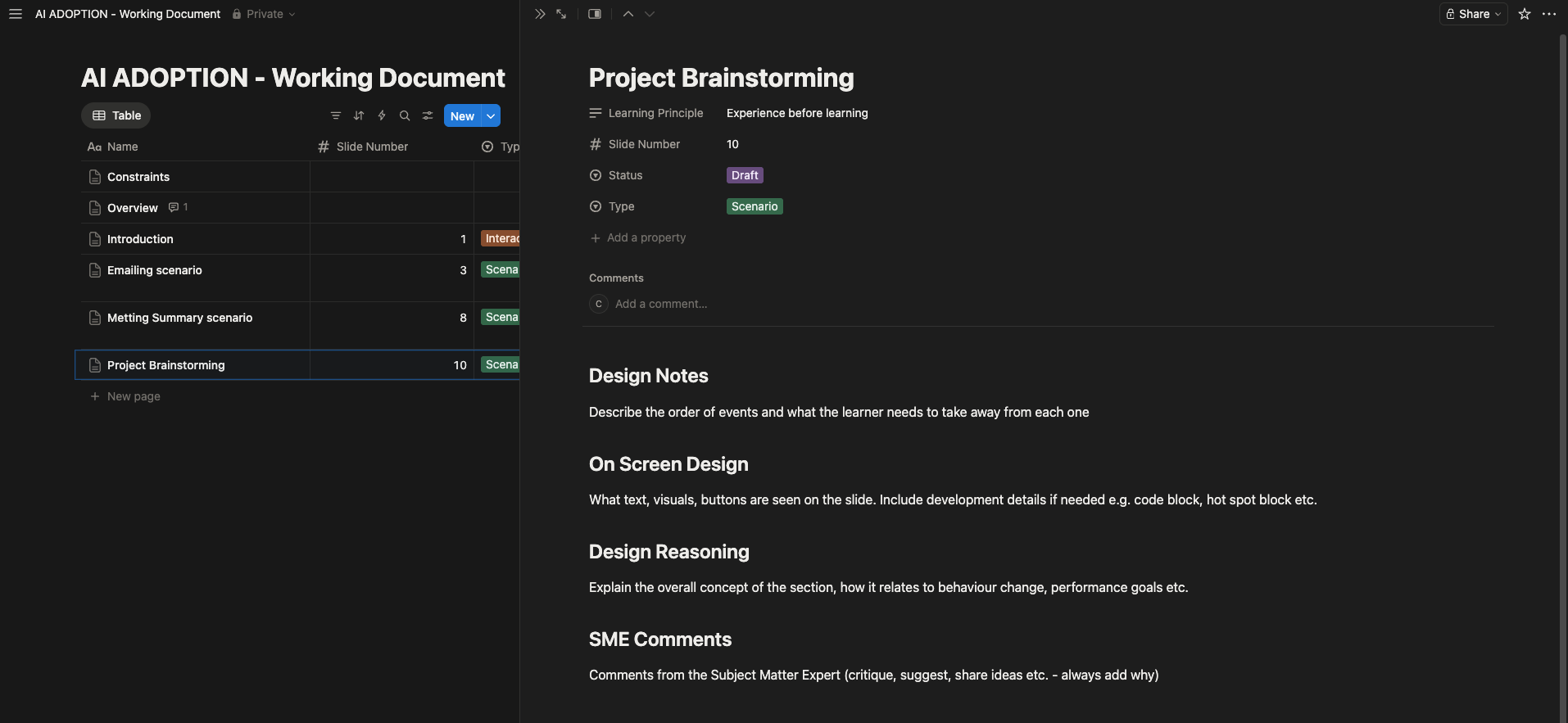Notion document showing a storyboard template with headings like Design Notes, On Screen Design, Design Rational and SME Comments
