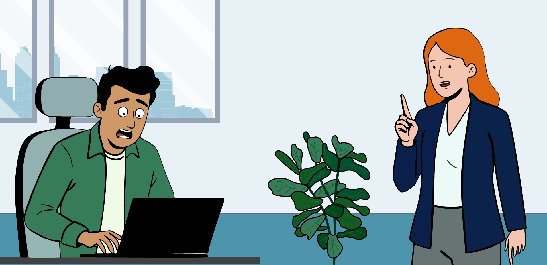 Julia is gesturing towards Hamza's screen and he looks shocked