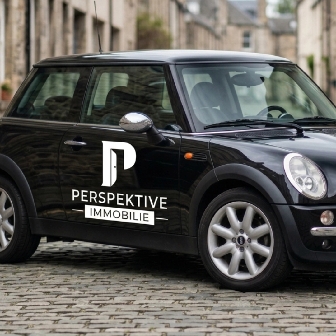 Logo for Perspektive Immobilie including a large letter P with an open door inside it.