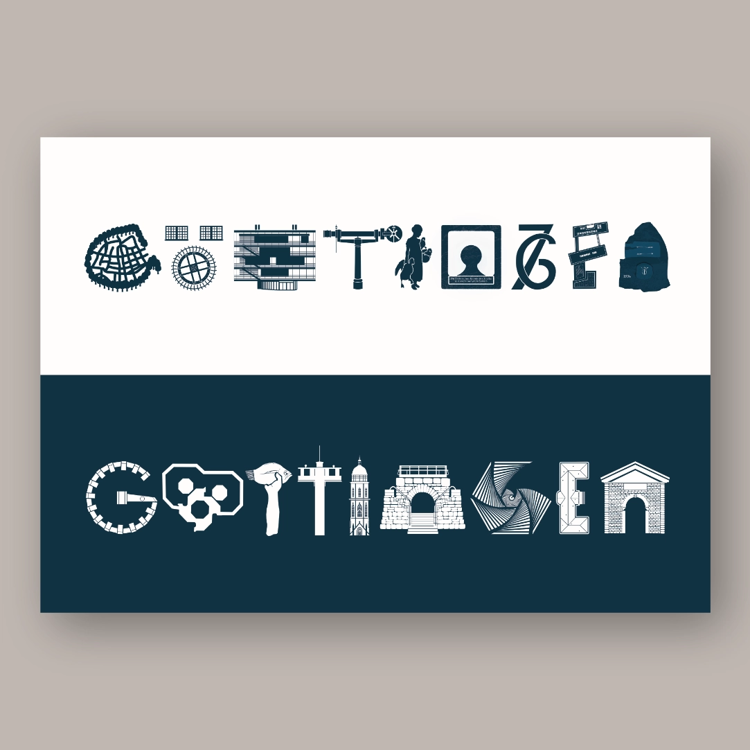 Two Göttingen city logos made up of various landmarks including Gänseliesel as the letter I.