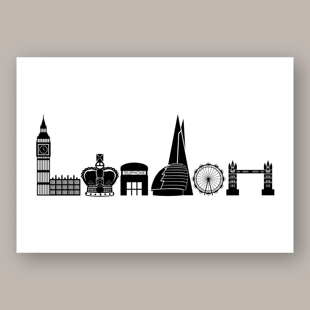 Word London made up of different London landmarks like Parliament as the L.