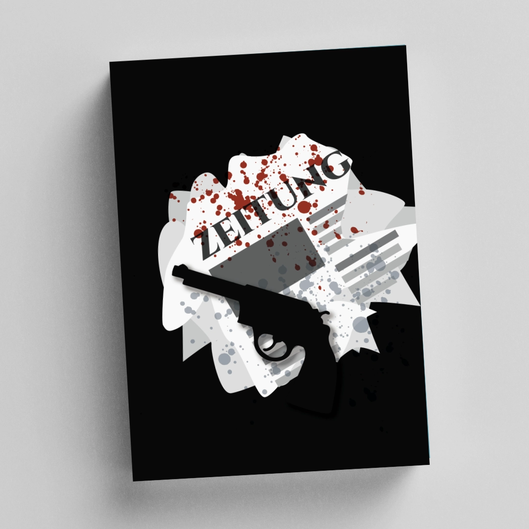 Guess the book game, torn Zeitung newspaper with gun and blood splatter on it.