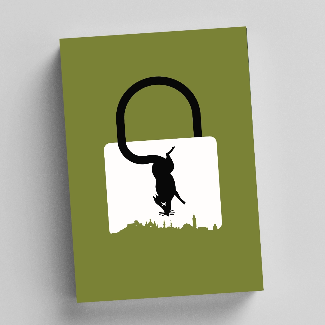 Guess the book game, padlock with silhouette of town on it and a rat shaped keyhole.