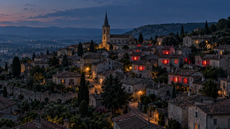 Vue aérienne d'une ville au crépuscule où seuls quelques foyers ciblés regardent une publicité TV segmentée