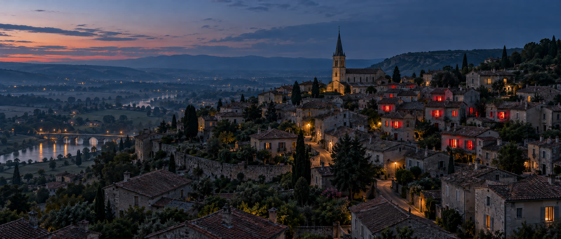 Vue aérienne d'une ville au crépuscule où seuls quelques foyers ciblés regardent une publicité TV segmentée