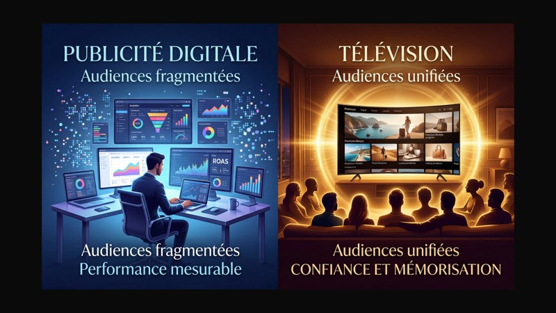 Comparaison illustrée entre la publicité digitale aux audiences fragmentées et la télévision aux audiences unifiées