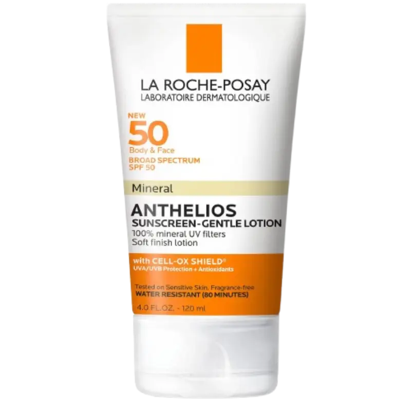 La Roche-Posay Anthelios SPF 50 Gentle Lotion mineral sunscreen for face and body, for sensitive skin.