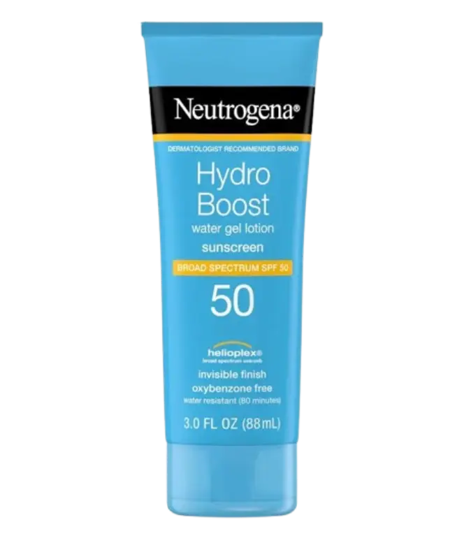 Neutrogena Hydro Boost Water Gel Lotion SPF 50 body sunscreen with lightweight, hydrating gel texture