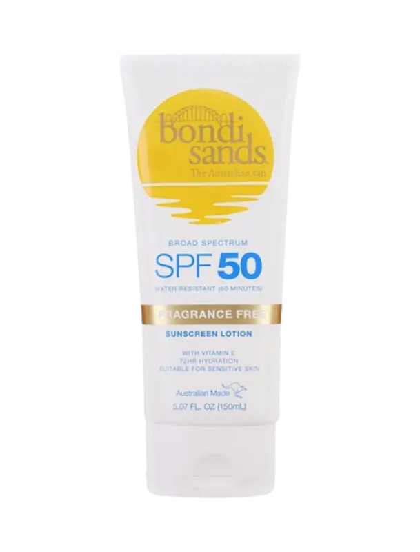 Bondi Sands SPF 50 Fragrance Free Sunscreen Lotion for body, lightweight protection for sensitive skin.