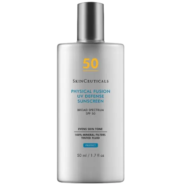 SkinCeuticals Physical Fusion UV Defense SPF 50 tinted mineral sunscreen for face with radiant, glowing finish