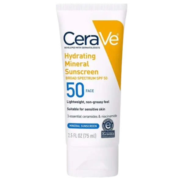 CeraVe Hydrating Mineral Sunscreen SPF 50 for face with ceramides, niacinamide, and hyaluronic acid