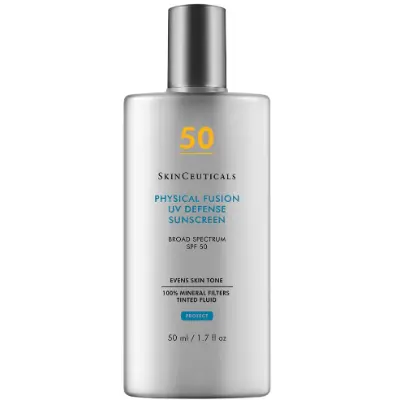 SkinCeuticals Physical Fusion UV Defense SPF 50 universal tint mineral fluid sunscreen with radiant finish for post-procedure and daily wear