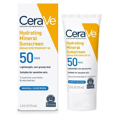 CeraVe Hydrating Mineral Sunscreen SPF 50 with ceramides and niacinamide for oily sensitive skin.