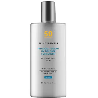 SkinCeuticals Physical Fusion UV Defense SPF 50 tinted mineral sunscreen with radiant finish for post-procedure sensitive skin.