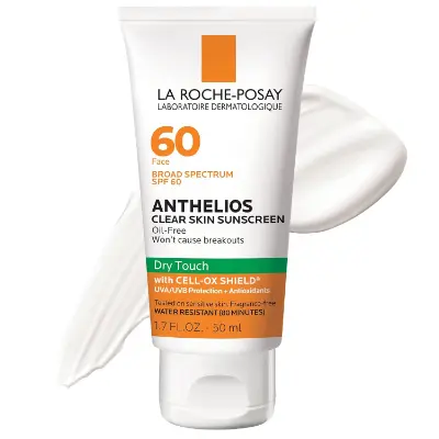 La Roche‑Posay Anthelios Clear Skin Dry Touch SPF 60 matte sunscreen for oily acne‑prone skin.