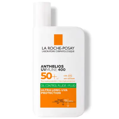 La Roche‑Posay Anthelios UVMune 400 Oil Control Fluid SPF 50+ for 12‑hour shine control on oily skin.