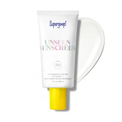 Supergoop Unseen Sunscreen SPF 50 invisible gel sunscreen and makeup‑primer for oily skin.
