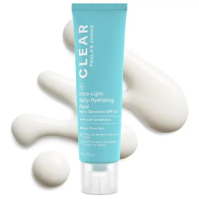 Paula’s Choice CLEAR Ultra‑Light Daily Fluid SPF 30+ sunscreen for blemish‑prone oily skin.