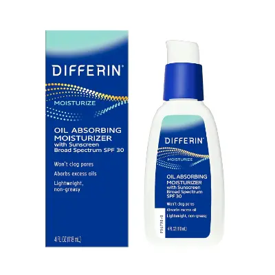 Differin Oil Absorbing Moisturizer with SPF 30 mattifying daily SPF for acne‑prone skin using retinoids.