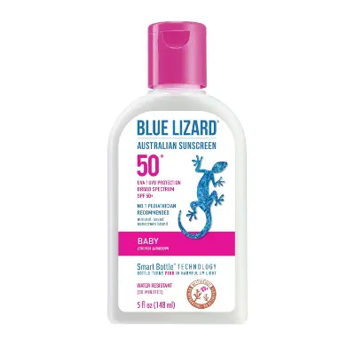 Blue Lizard - Focuses on pediatrician recommendation status, bottle design, and mineral formula (Zinc Oxide 10%, Titanium Dioxide 8%)