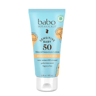 Babo Botanicals - Highlights turquoise botanical packaging, fragrance-free feature, B Corp certification, and eczema-friendly properties