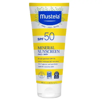 Mustela - Premium positioning with yellow packaging, nourishing ingredients (coconut oil, macadamia oil, vitamin E), and reef-safe certification