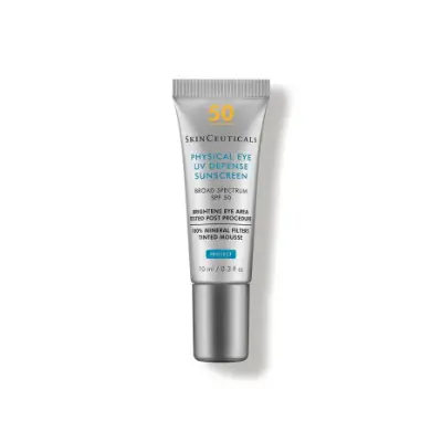 SkinCeuticals Physical Eye UV Defense SPF 50 non-migrating mineral sunscreen with universal tint, highest SPF eye cream for sensitive eyes
