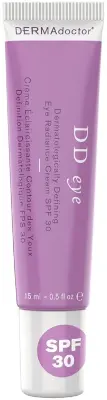 DERMAdoctor DD eye cream SPF 30 100% mineral radiant tinted sunscreen purple tube, multi-tasking brightening eye SPF for all skin tones