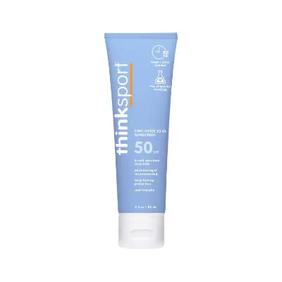 Thinksport SPF 50+ zinc oxide mineral sunscreen blue tube for athletes and water sports enthusiasts