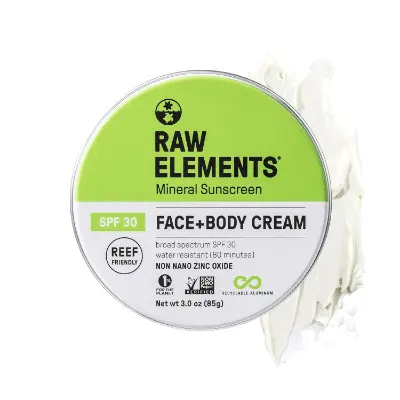 Raw Elements mineral sunscreen SPF 30 eco-friendly lime green tin with reef-safe zinc oxide for sustainable beach protection