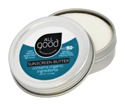 All Good SPF 50 organic mineral sunscreen butter white metal tin with blue label containing zinc oxide for sensitive skin