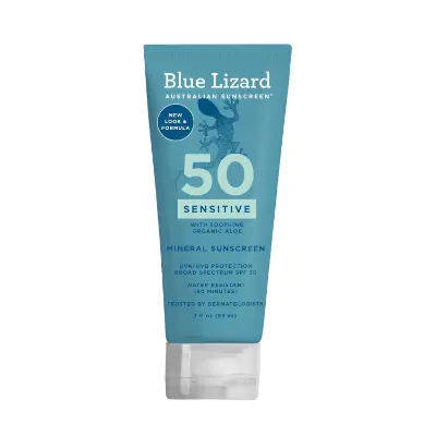 Blue Lizard Sensitive Mineral SPF 50+ teal pump bottle reef-safe sunscreen with smart cap technology for families