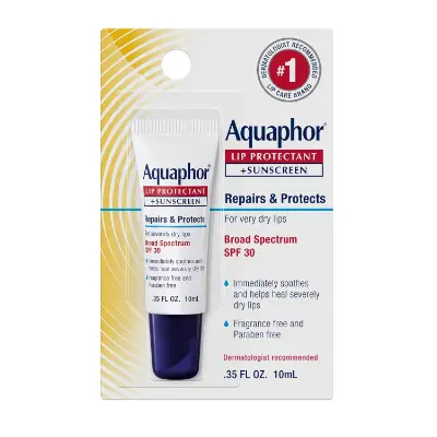 Aquaphor Lip Repair Plus Protect SPF 30 sunscreen tube and stick packaging on white background