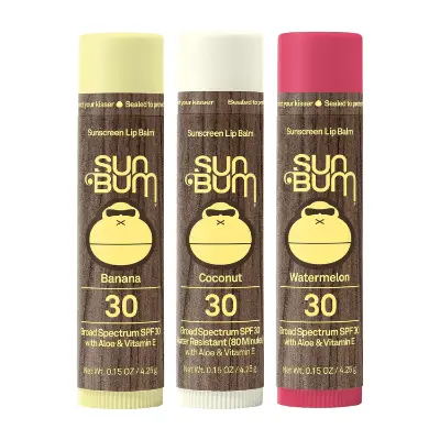 Sun Bum SPF 30 Lip Balm tropical flavored lip sunscreen sticks in colorful striped packaging on white background