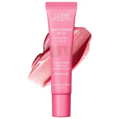 Ultra Violette Sheen Screen SPF 50 tinted lip balm in vanilla frosting flavor on beige background