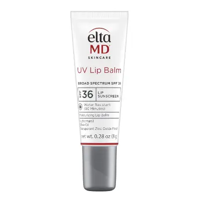 EltaMD UV Lip Balm SPF 36 hybrid mineral sunscreen tube with broad-spectrum protection on white background