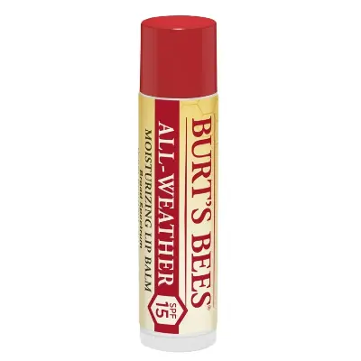 Burt's Bees All-Weather SPF 15 natural mineral lip balm 100% zinc oxide protection on white background