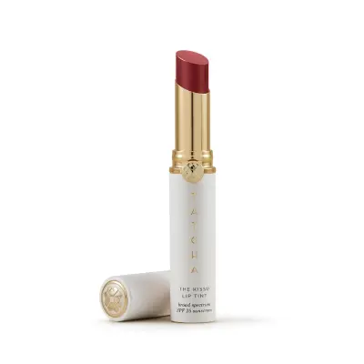 Tatcha The Kissu Lip Tint SPF 25 hybrid lip sunscreen with Japanese botanicals in buildable color on white background